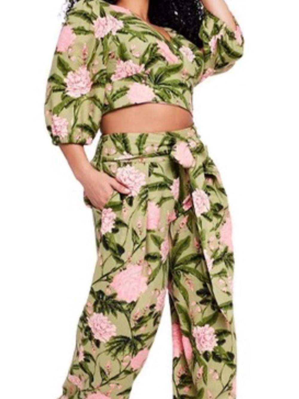 Agua Bendita Olive & Pink Floral Tie-Waist Cropped blouse top